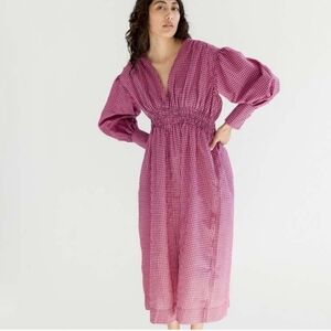 GANNI Carmine Rose Seersucker Check Gingham V Neck Gathered Midi Dress Small /36